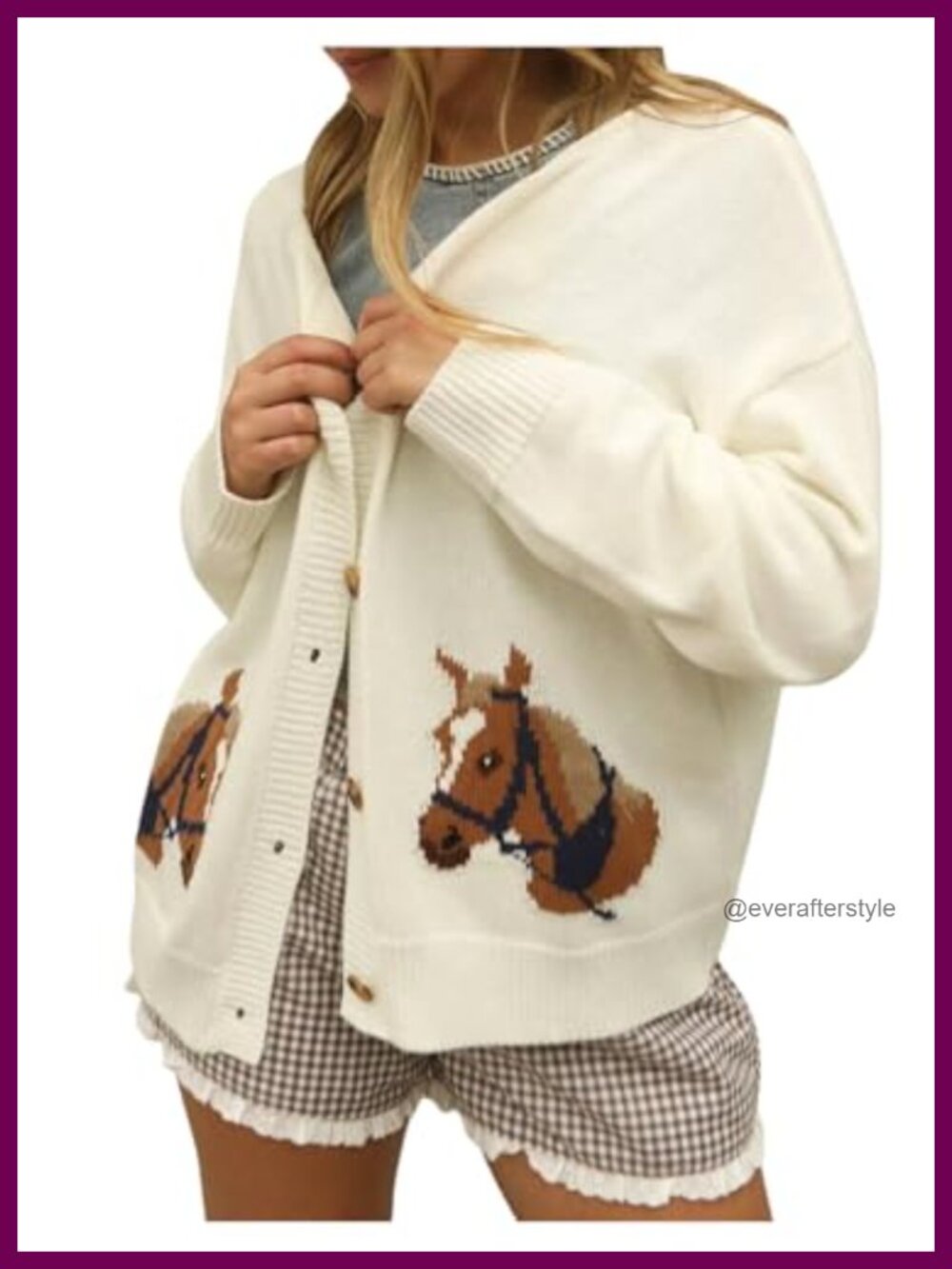 Horse Intarsia Long Sleeve Knit Button Up Cardigan Sweater